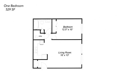 Floor plan for 1 bed, 1 bath, 529 sqft